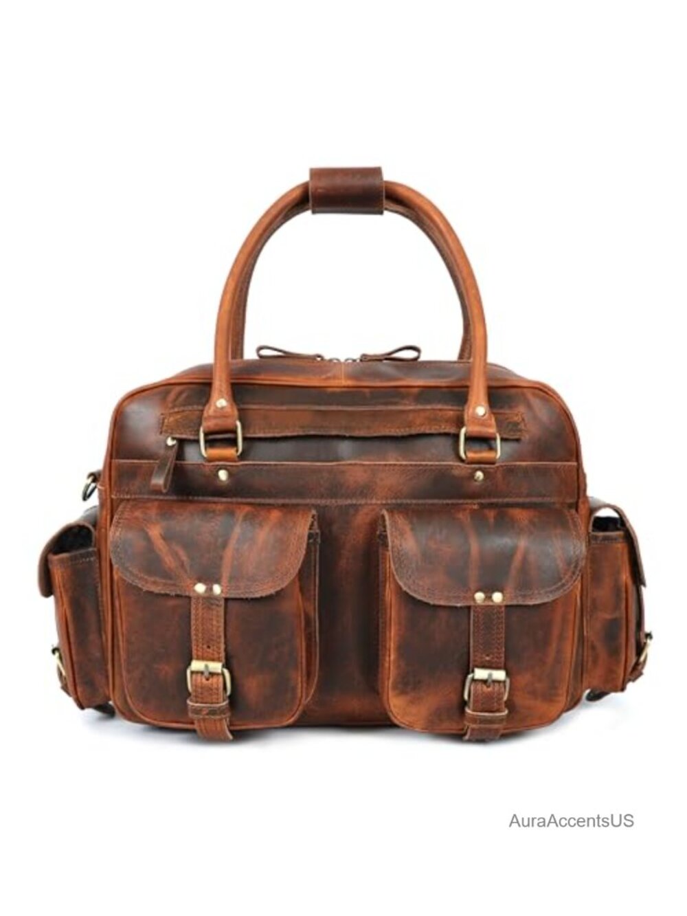 Genuine Buffalo Leather Travel Duffel Bag with 7 Pockets Padded Laptop